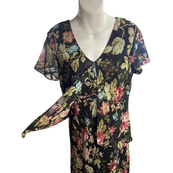 Vintage Positive Attitude Black Floral Beaded Maxi Elegant Evening Dress Sz 12P - Picture 4 of 6